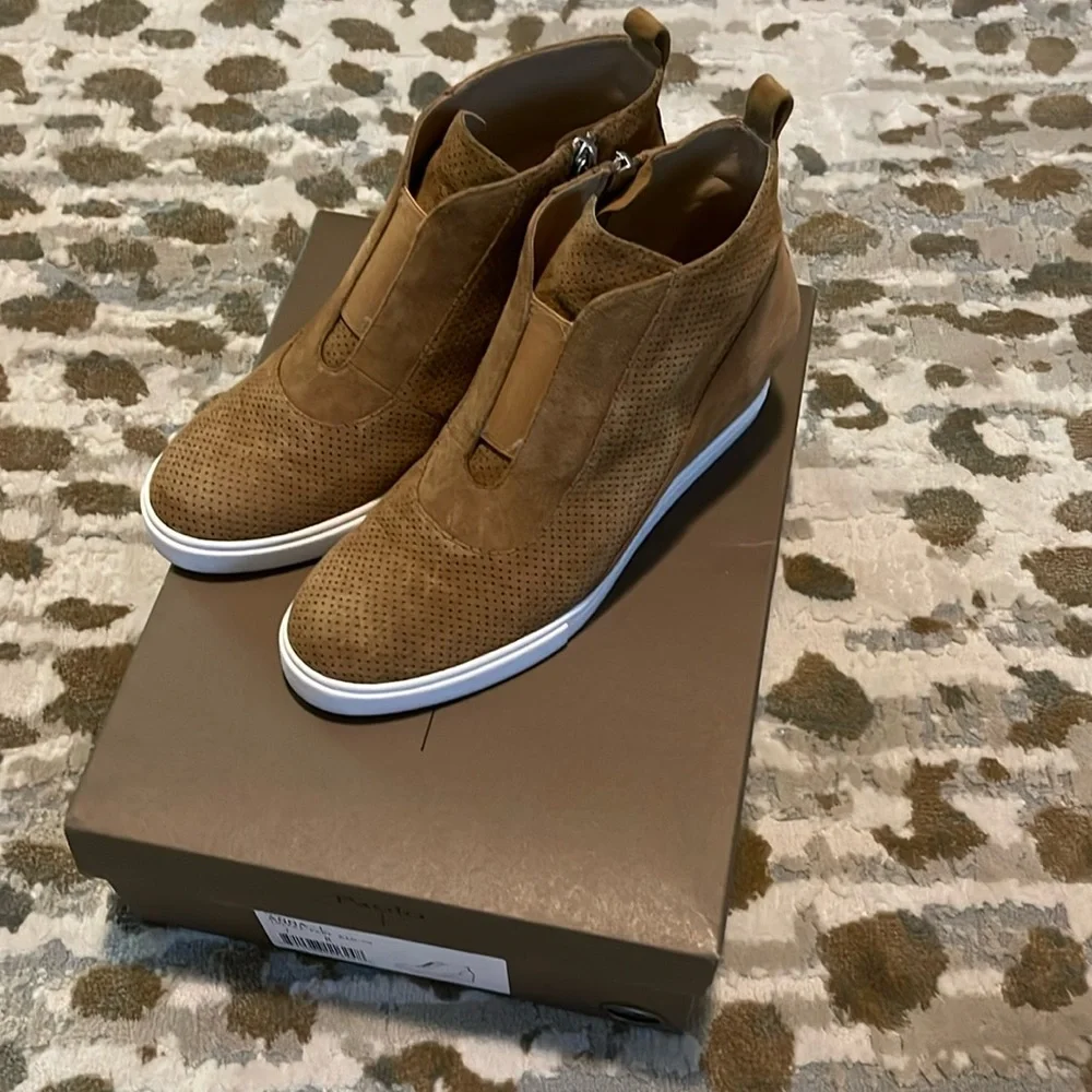 Linea Paolo Women's Anna Toffee Perforated Suede Platform Wedge Sneakers Size 7